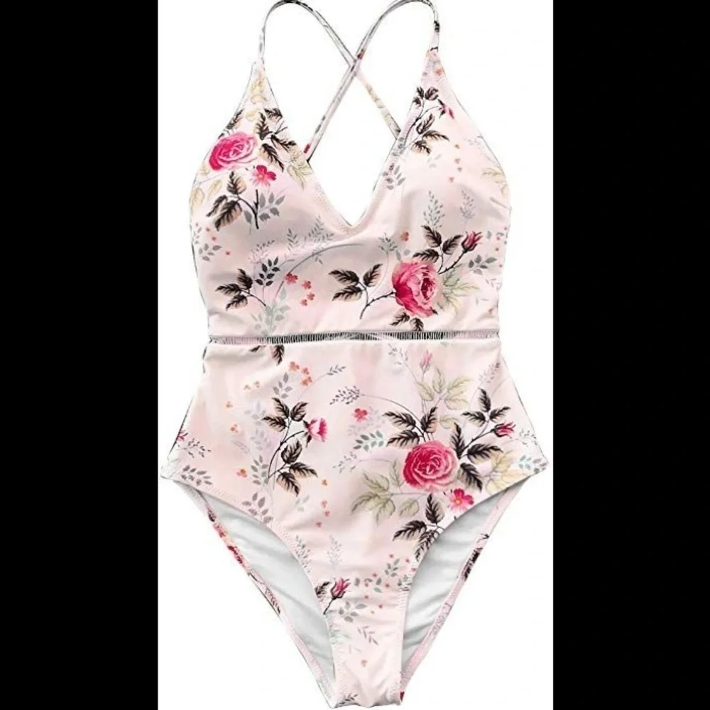 One Piece Feminine Swimsuit Sz. S Pastel Pink Floral Print Padded Bra